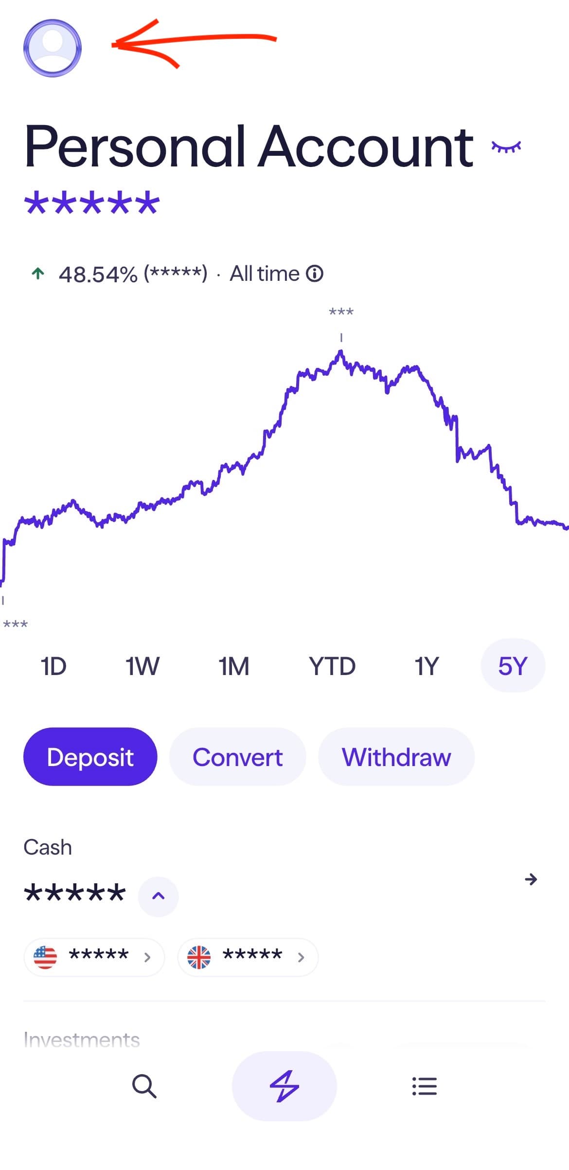 Zrzut ekranu z ekranu głównego Lightyear z zaznaczoną ikoną profilu do eksportu raportu dla kalkulatora giełdowego