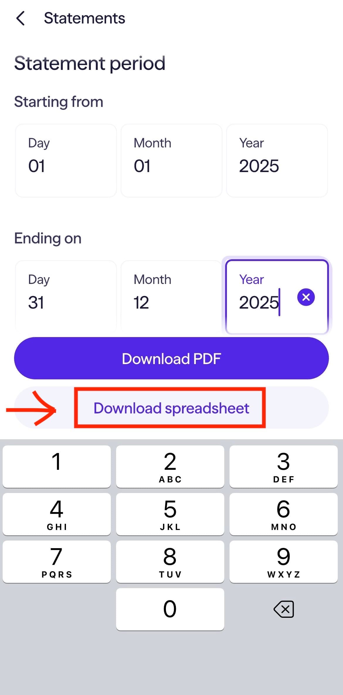 Zrzut ekranu z konfiguracją zakresu dat i przyciskiem Download spreadsheet w Lightyear