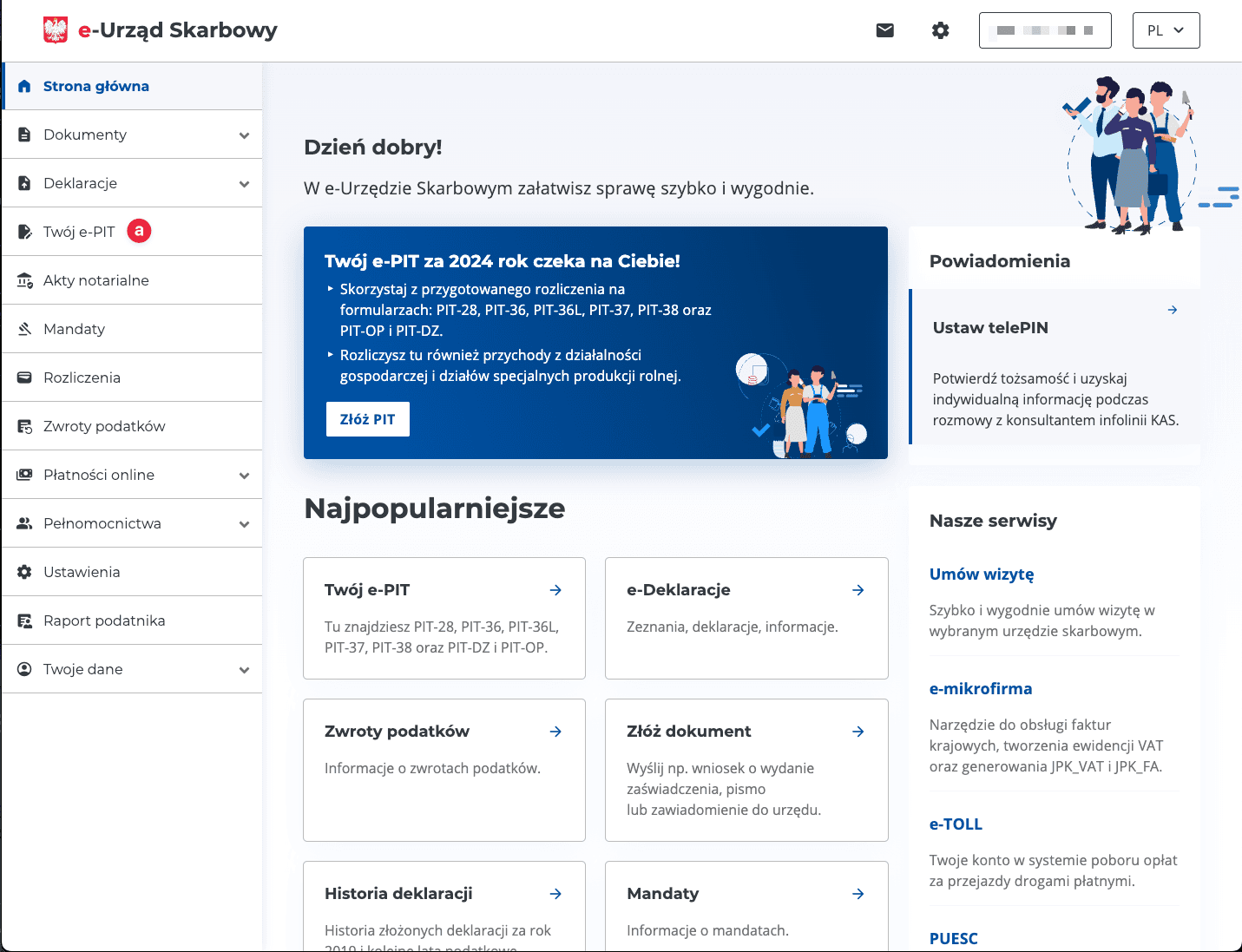Zrzut ekranu strony logowania do serwisu Twój e-PIT z opcją wyboru 'Twój e-PIT'