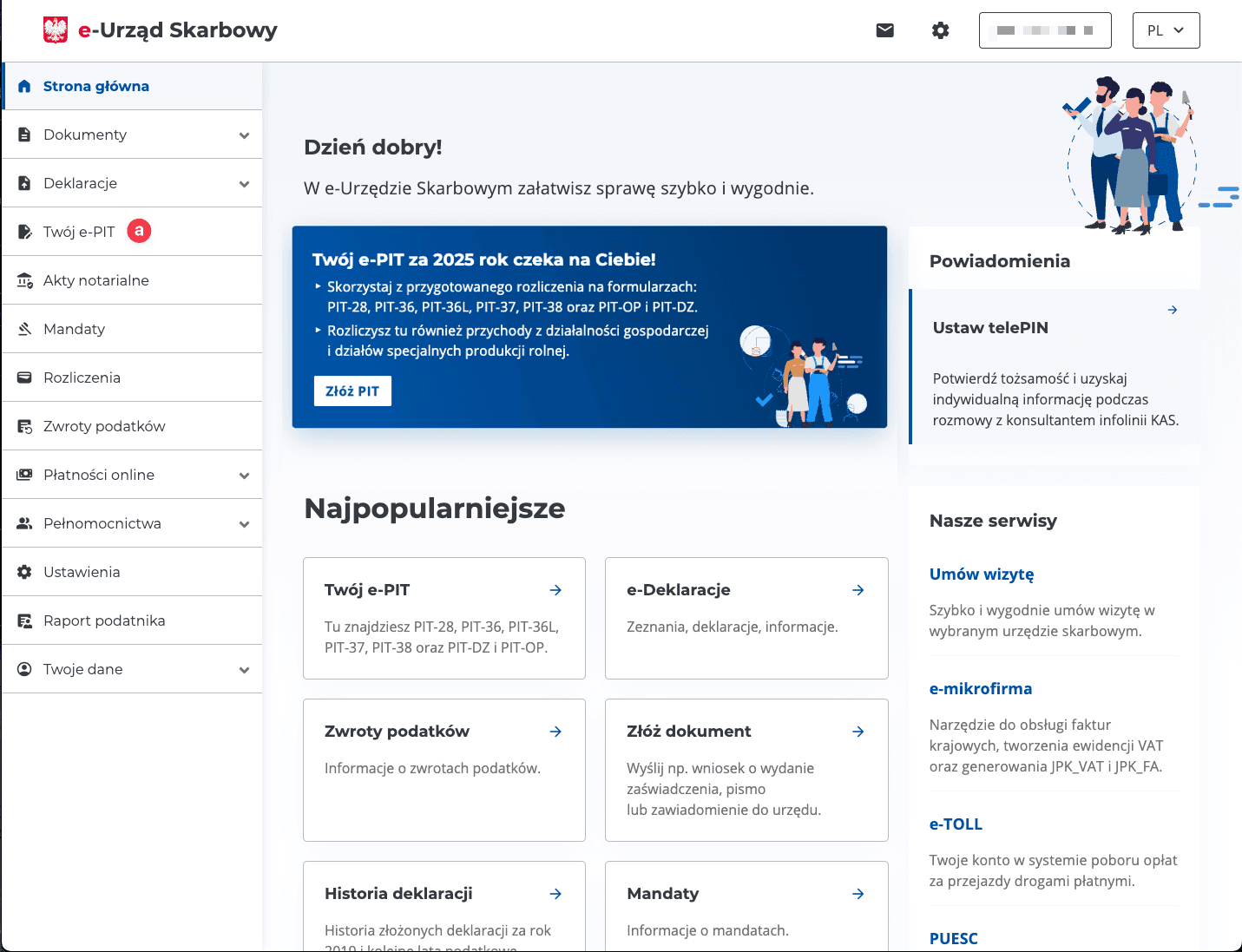 Zrzut ekranu strony logowania do serwisu Twój e‑PIT z opcją wyboru 'Twój e‑PIT' — przewodnik PIT‑38, kalkulator giełdowy