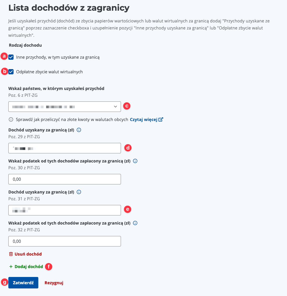 Zrzut ekranu załącznika PIT‑ZG z opcjami 'Inne przychody, w tym uzyskane za granicą' i 'Odpłatne zbycie walut wirtualnych' oraz polami Poz. 6, 29, 31 — przewodnik, podatek giełdowy