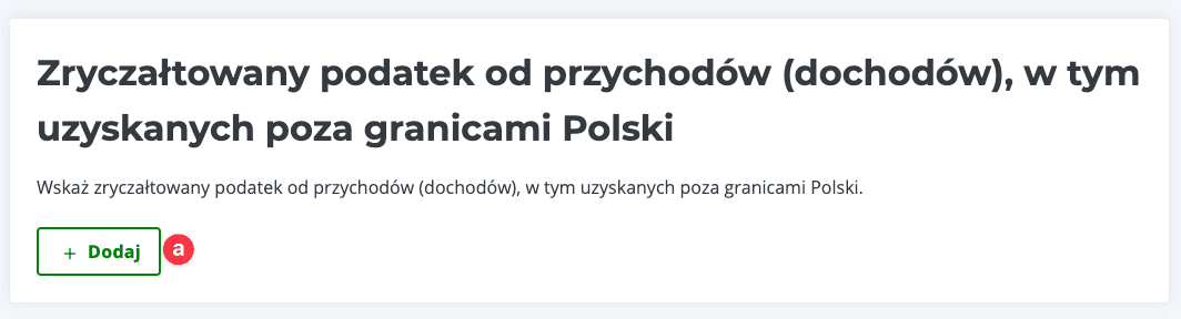 Zrzut ekranu sekcji 'Zryczałtowany podatek od przychodów' z przyciskiem '+ Dodaj' do dodawania przychodów z dywidend zagranicznych — e‑PIT, kalkulator giełdowy