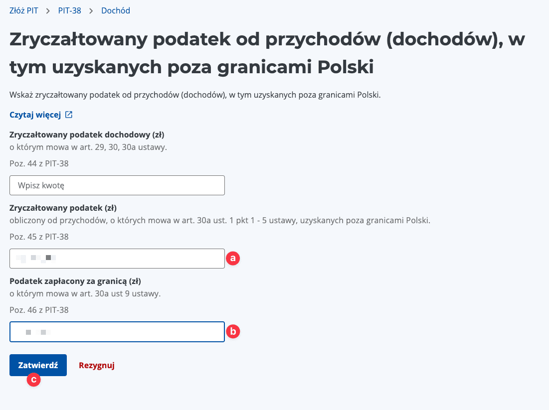 Zrzut ekranu formularza do uzupełnienia dochodów z dywidend zagranicznych z polami Poz. 45 i Poz. 46 oraz przyciskiem 'Zatwierdź'