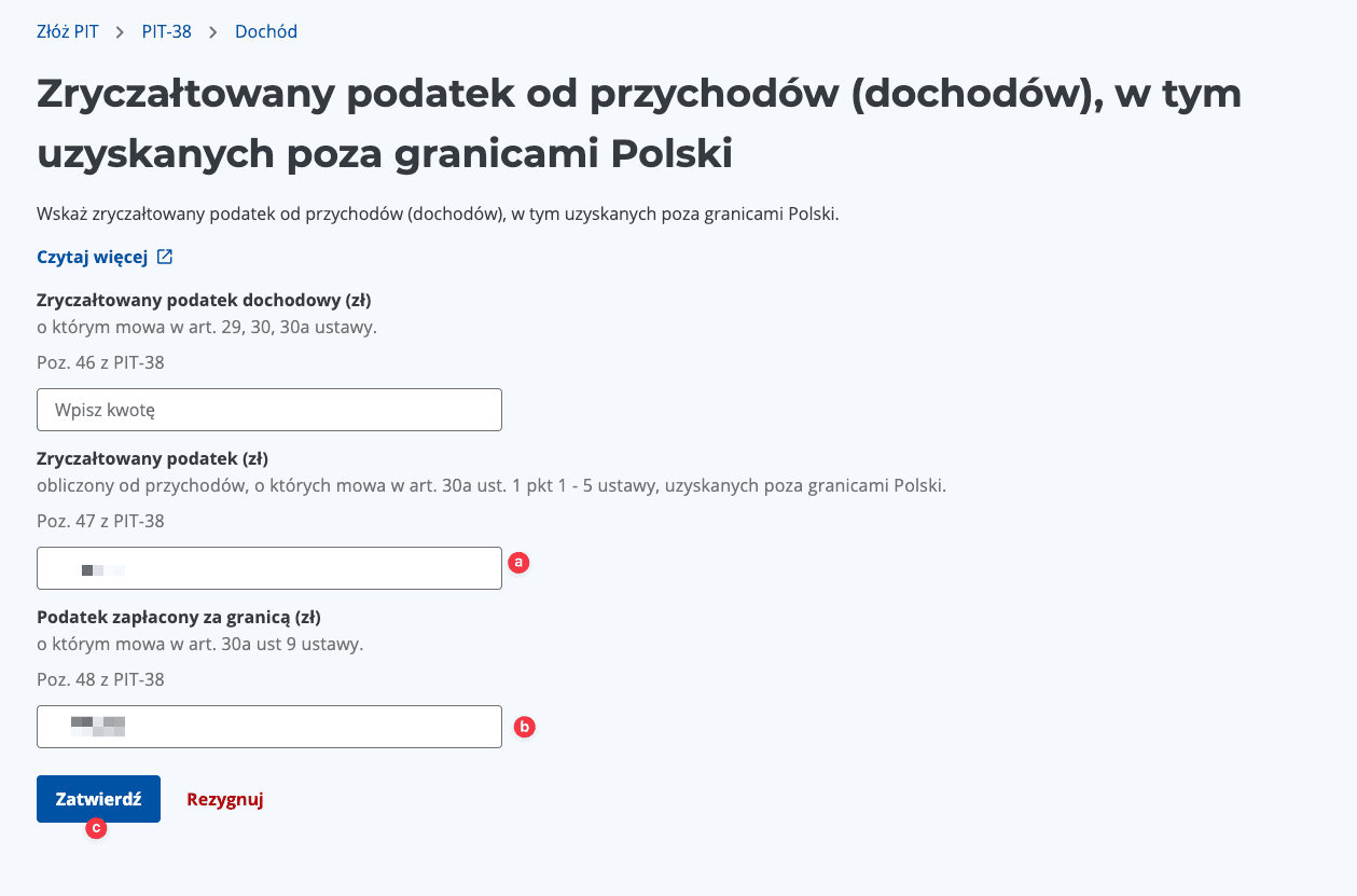 Zrzut ekranu formularza do uzupełnienia dochodów z dywidend zagranicznych z polami Poz. 47 i Poz. 48 oraz przyciskiem 'Zatwierdź' — e‑PIT