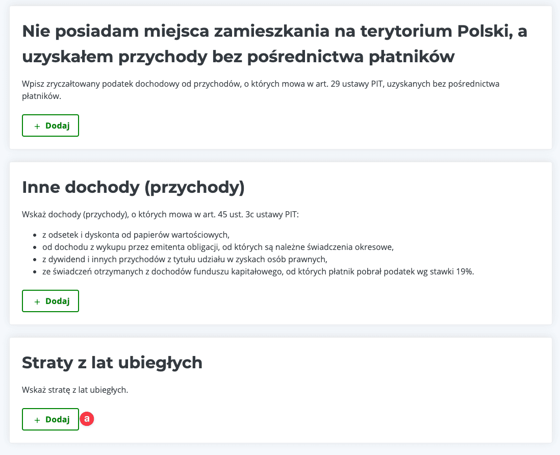 Zrzut ekranu sekcji 'Straty z lat ubiegłych' z przyciskiem '+ Dodaj' do dodawania straty z poprzednich lat — e‑PIT, przewodnik PIT‑38