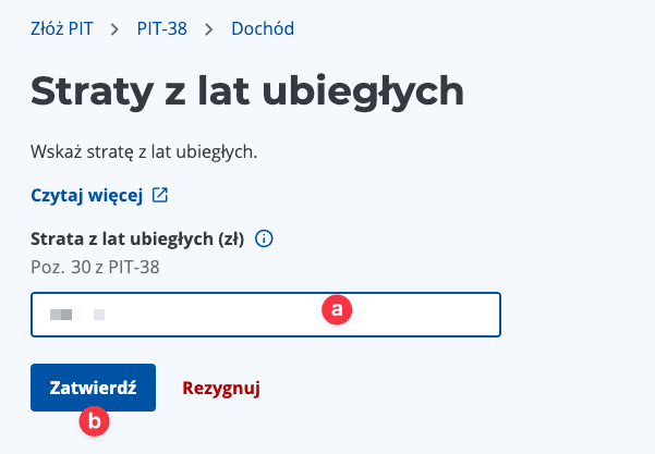 Zrzut ekranu formularza do uzupełnienia straty z lat ubiegłych z przyciskiem 'Zatwierdź' — e‑PIT, instrukcja PIT‑38