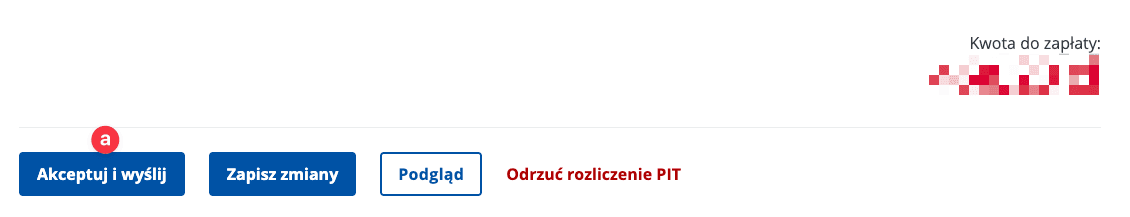 Zrzut ekranu z przyciskiem 'Akceptuj i wyślij' do finalnego wysłania formularza PIT-38 do urzędu skarbowego