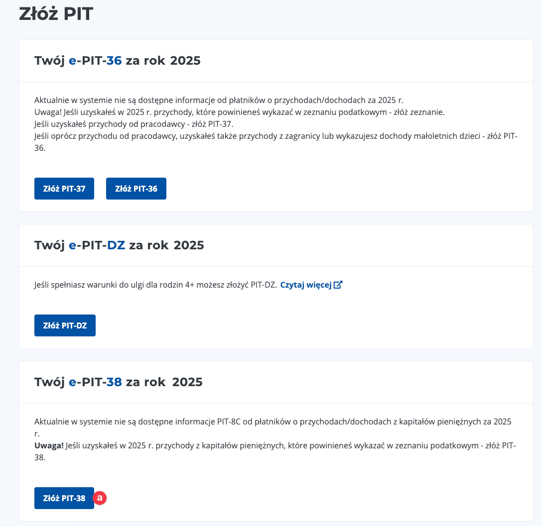 Zrzut ekranu serwisu Twój e‑PIT z opcją 'Złóż PIT‑38' do wyboru formularza podatkowego — przewodnik PIT‑38, kalkulator giełdowy