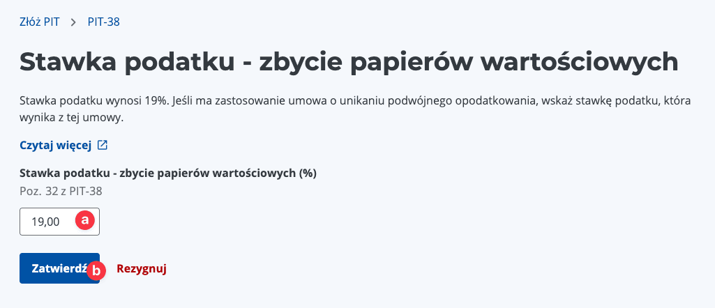 Zrzut ekranu okna edycji stawki podatku z polem do wpisania 19% i przyciskiem 'Zatwierdź' — e‑PIT, przewodnik PIT‑38, podatek giełdowy
