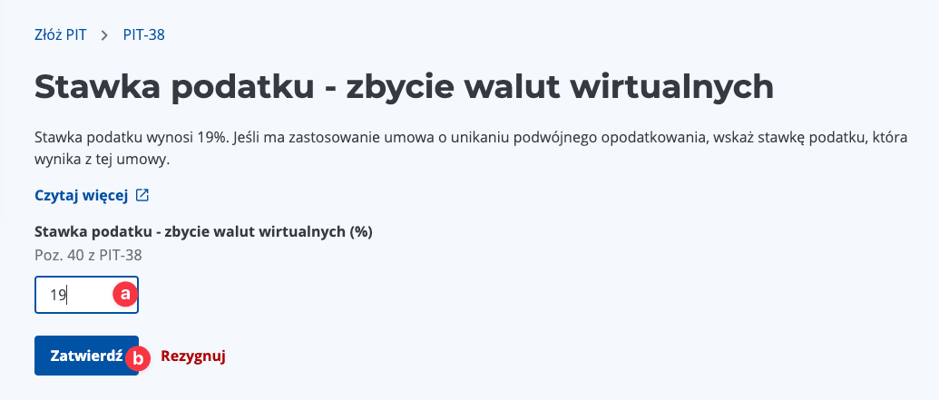 Zrzut ekranu okna edycji stawki podatku od kryptowalut z polem do wpisania 19% i przyciskiem 'Zatwierdź'