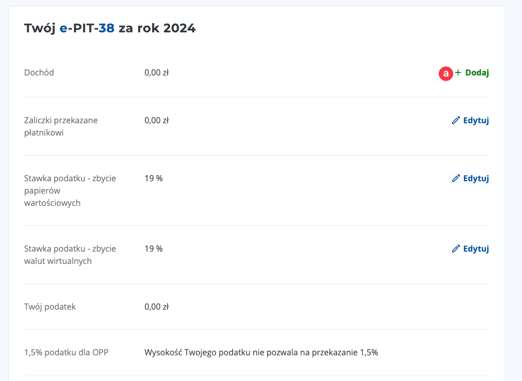 Zrzut ekranu formularza PIT-38 z przyciskiem '+ Dodaj' w sekcji 'Dochód' do dodawania przychodów