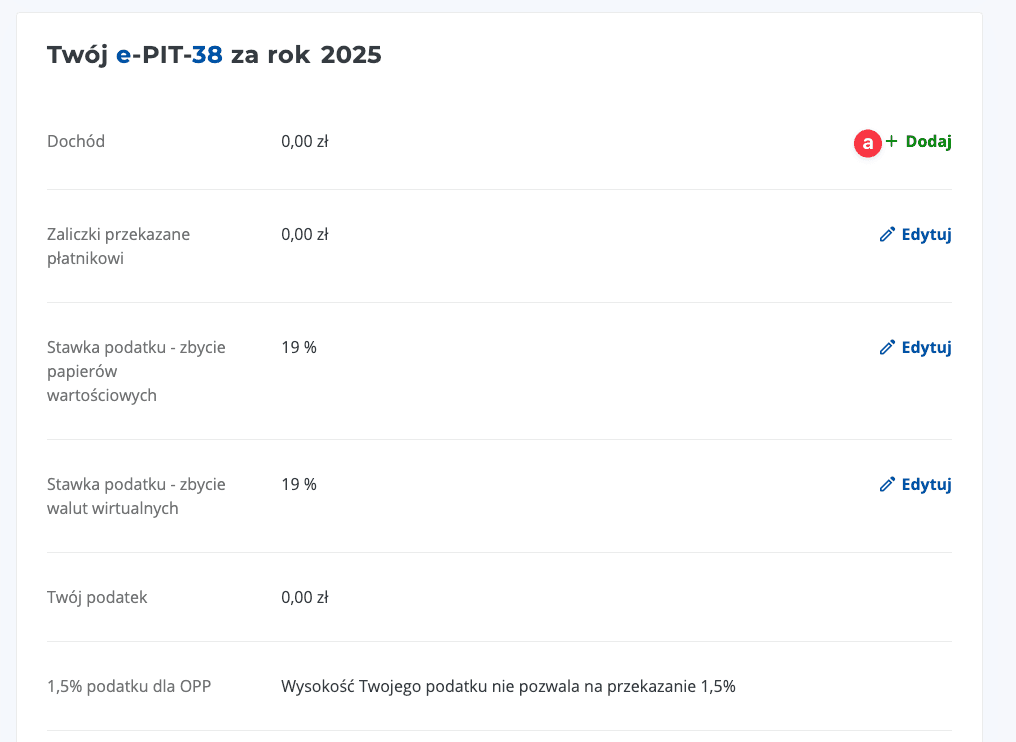 Zrzut ekranu formularza PIT‑38 z przyciskiem '+ Dodaj' w sekcji 'Dochód' do dodawania przychodów — e‑PIT, przewodnik PIT‑38, podatek Belki
