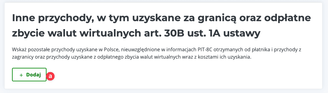 Zrzut ekranu formularza PIT‑38 z przyciskiem '+ Dodaj' w sekcji 'Inne przychody, w tym uzyskane za granicą oraz odpłatne zbycie walut wirtualnych' — e‑PIT, instrukcja PIT‑38, kalkulator giełdowy