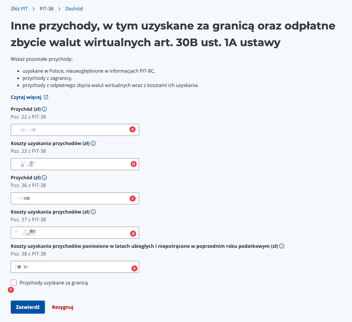 Zrzut ekranu formularza PIT‑38 z polami do uzupełnienia przychodów z akcji (Poz. 22, 23) i kryptowalut (Poz. 36, 37, 38) oraz opcją 'Przychody uzyskane za granicą' — przewodnik PIT‑38, podatek giełdowy