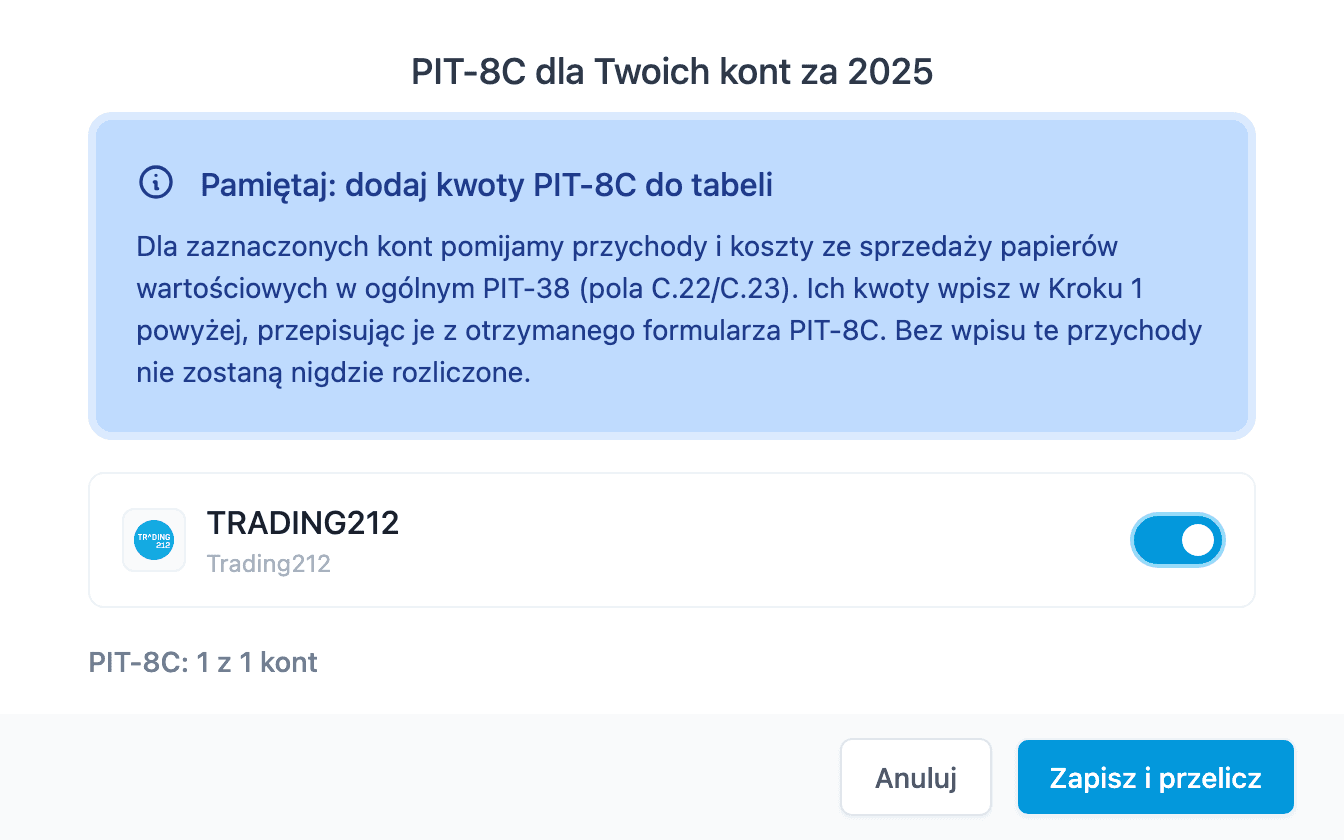 Zrzut ekranu okna „Edytuj konta z PIT-8C" z przełącznikiem zaznaczającym konto maklerskie za dany rok