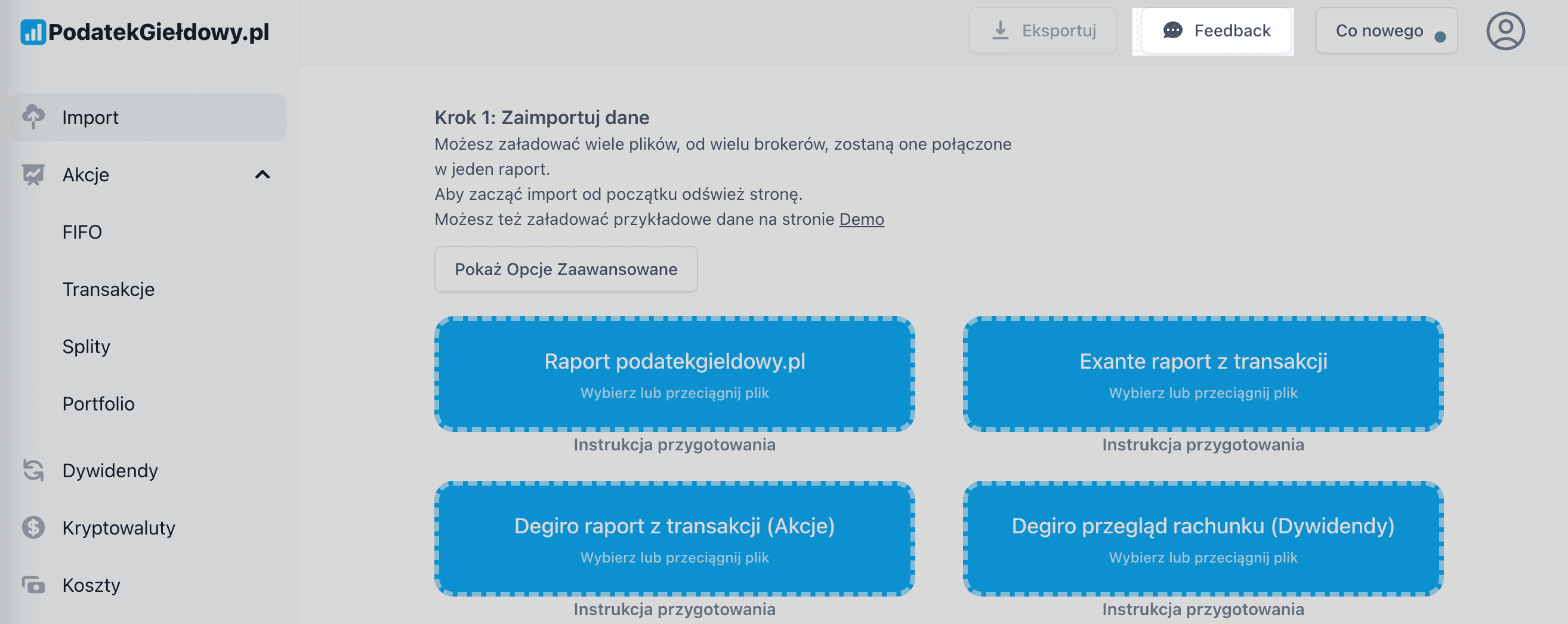 Zrzut ekranu przedstawiający przycisk Feedback w prawym górnym rogu aplikacji PodatekGiełdowy.pl
