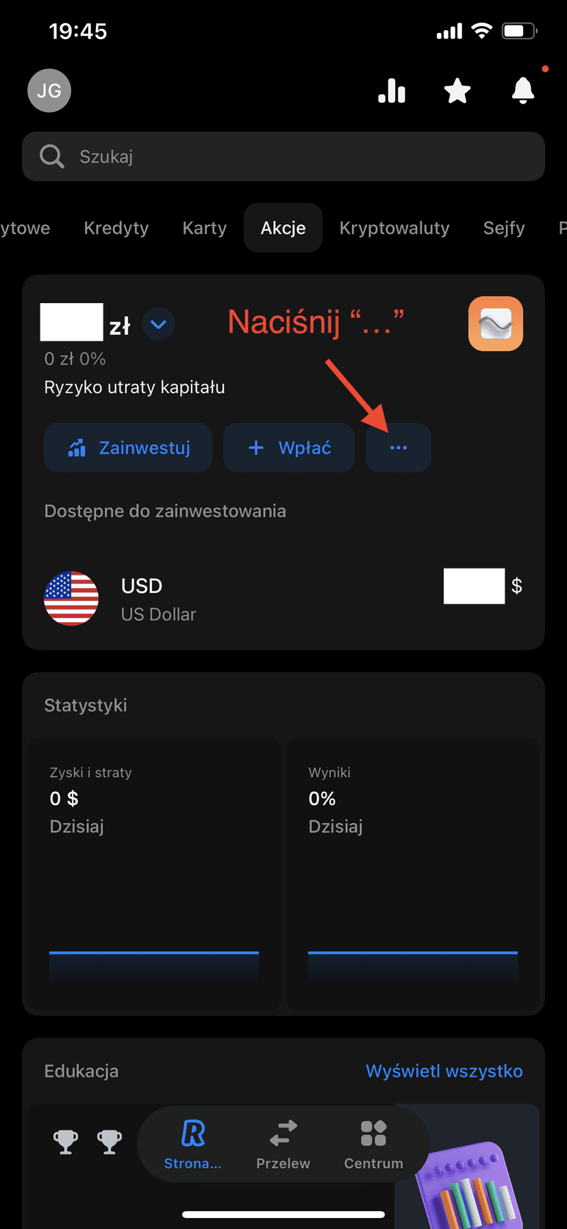 Zrzut ekranu aplikacji Revolut z widokiem sekcji Akcje/Inwestycje do generowania wyciągu dla kalkulatora giełdowego PodatekGiełdowy.pl
