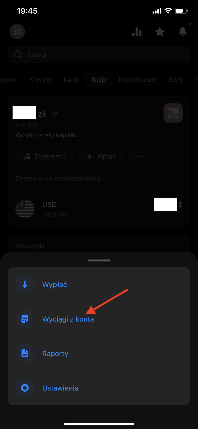 Zrzut ekranu aplikacji Revolut z otwartym menu opcji (trzy kropki) w sekcji inwestycji do eksportu danych dla kalkulatora podatku giełdowego