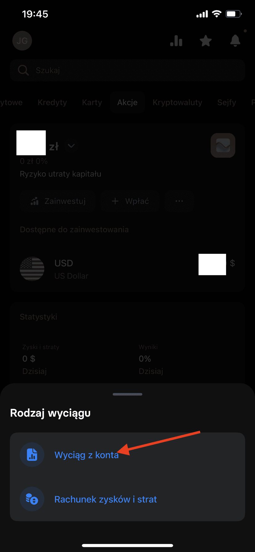 Zrzut ekranu aplikacji Revolut z nawigacją do Dokumenty oraz Wyciągi z konta do rozliczenia podatku giełdowego w PodatekGiełdowy.pl