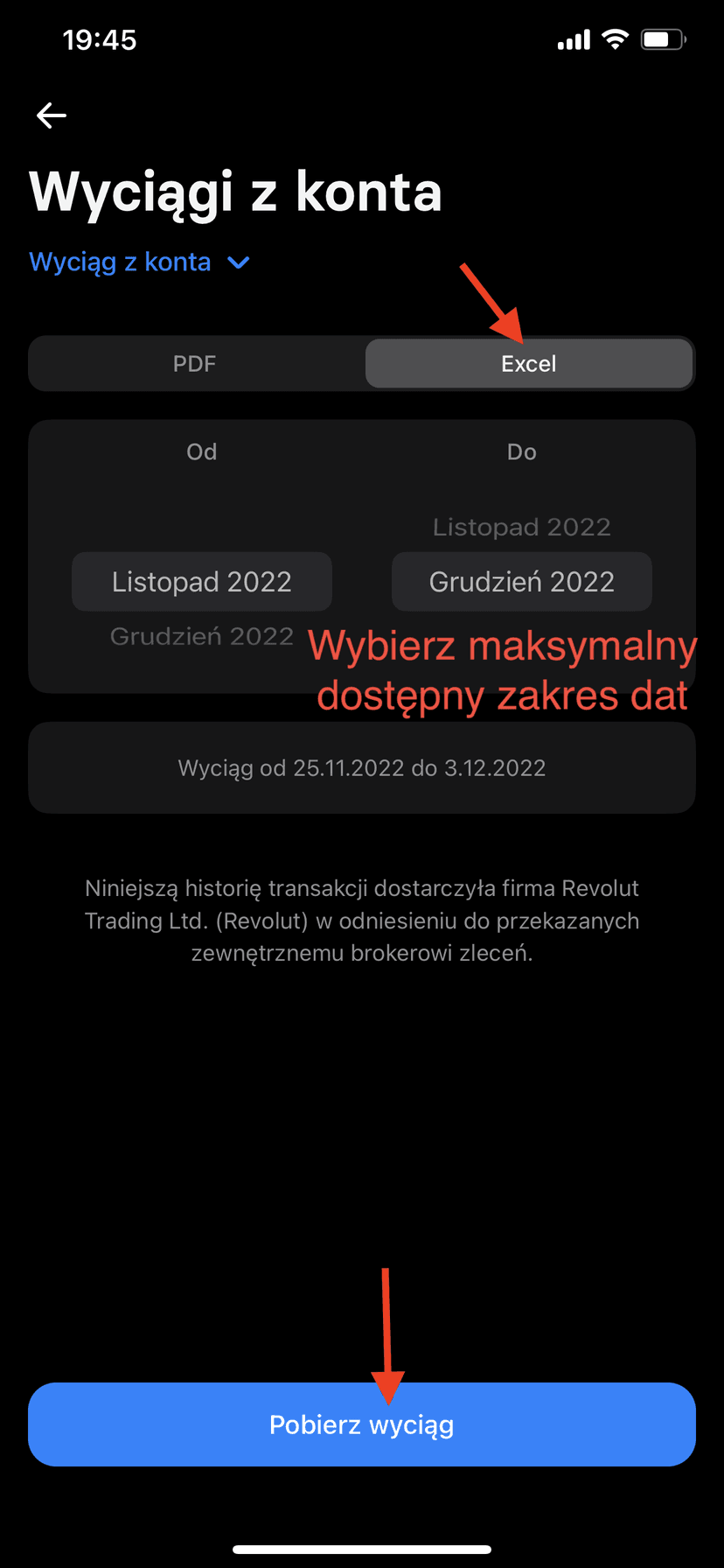 Zrzut ekranu aplikacji Revolut z wyborem opcji Wyciąg z konta do importu do kalkulatora giełdowego PodatekGiełdowy.pl
