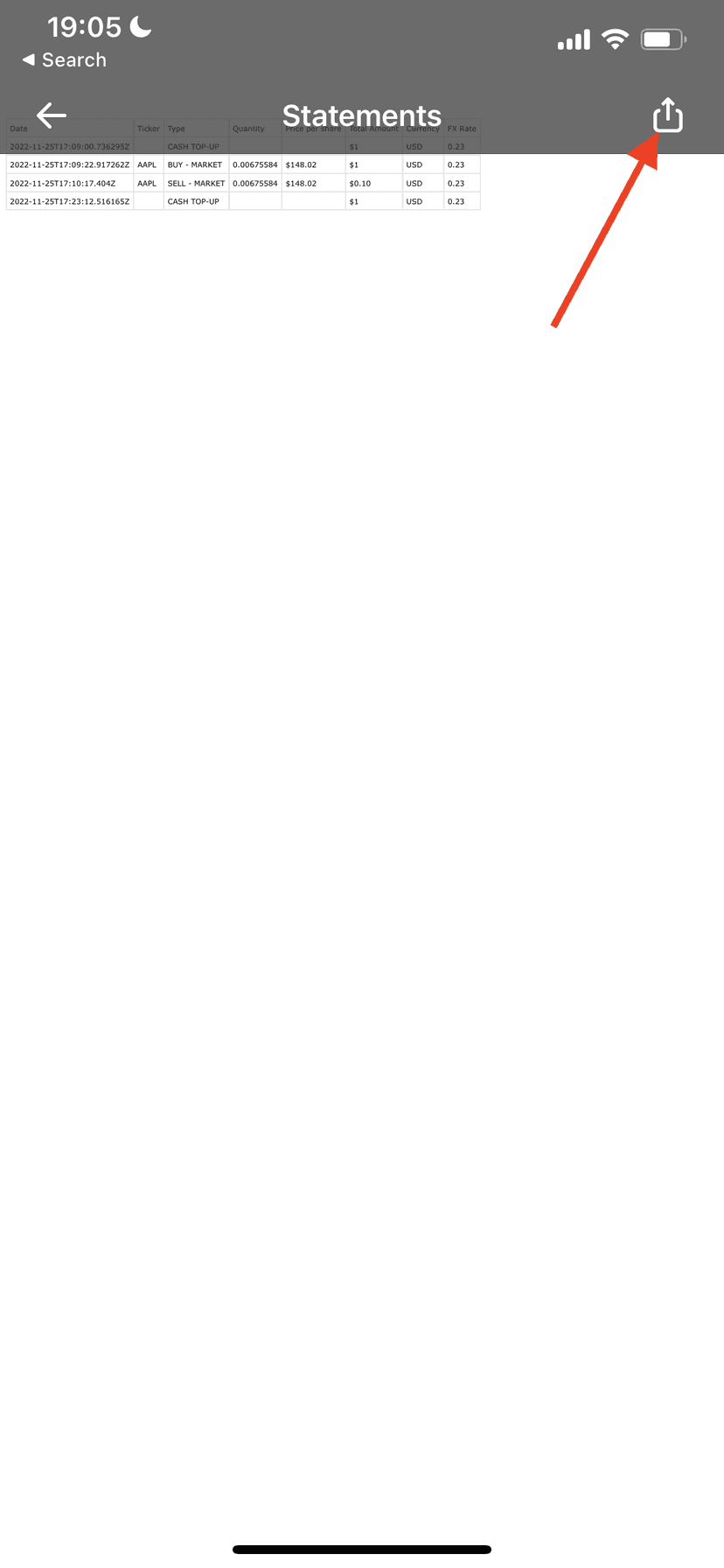 Zrzut ekranu aplikacji Revolut z wyborem zakresu dat oraz formatem eksportu Excel przed pobraniem wyciągu do kalkulatora podatku giełdowego