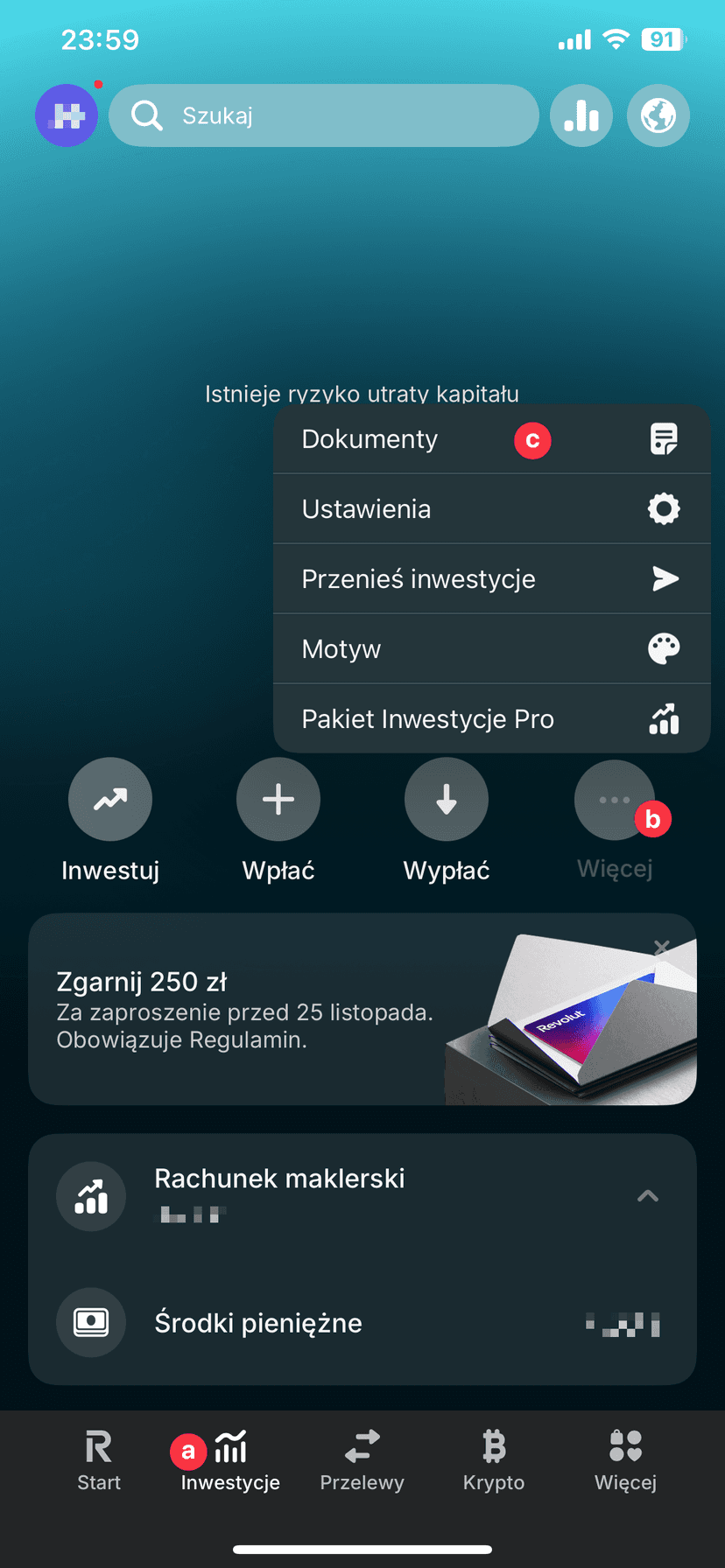 Zrzut ekranu aplikacji Revolut z nawigacją do zakładki Inwestycje → Więcej → Dokumenty do generowania raportu zysków i strat dla kalkulatora giełdowego PodatekGiełdowy.pl