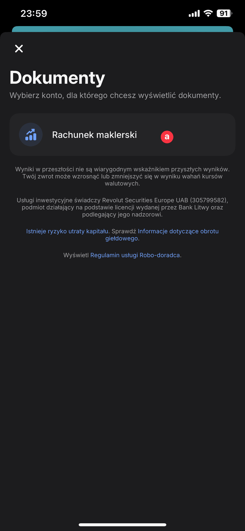 Zrzut ekranu aplikacji Revolut z wyborem opcji Rachunek maklerski do eksportu raportu dla kalkulatora podatku giełdowego