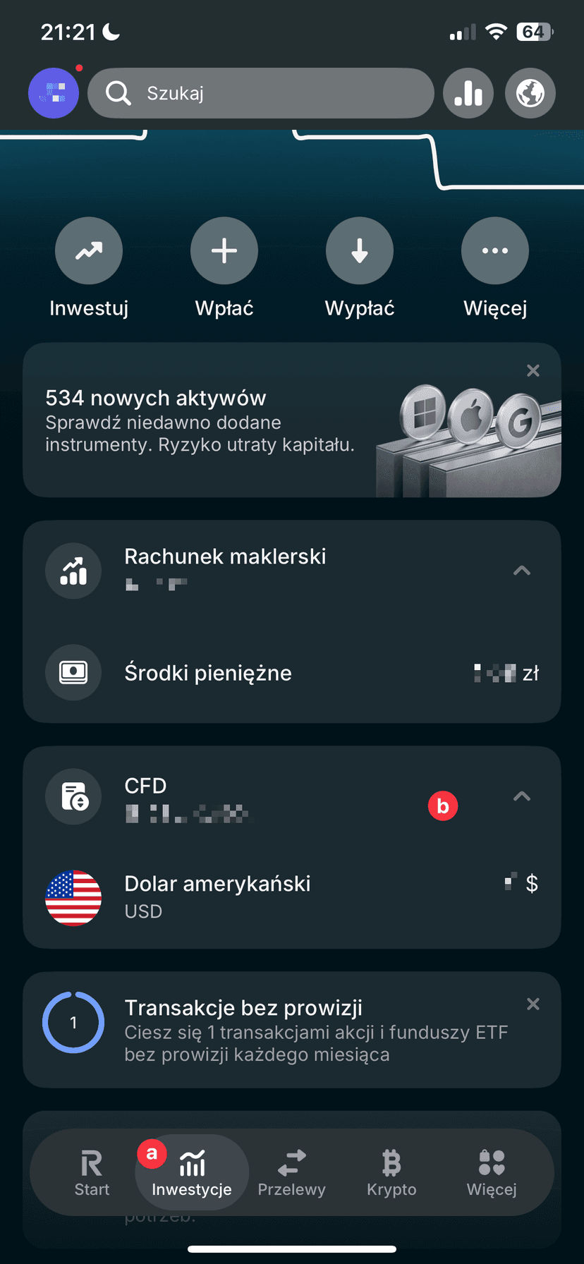 Zrzut ekranu aplikacji Revolut z zakładką Inwestycje i wyborem konta CFD do generowania wyciągu dla kalkulatora giełdowego PodatekGiełdowy.pl