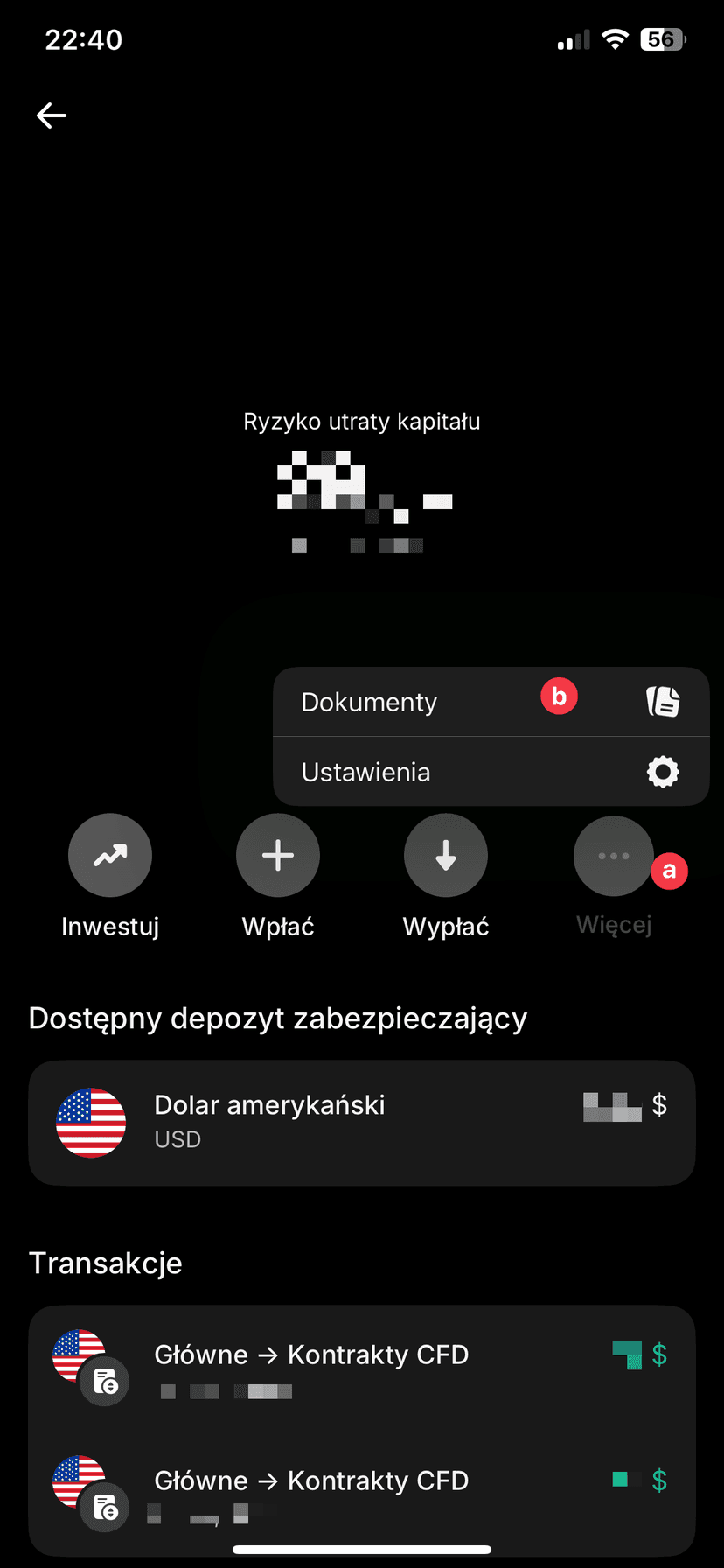 Zrzut ekranu aplikacji Revolut z menu Więcej i opcją Dokumenty na koncie CFD do eksportu raportu podatkowego