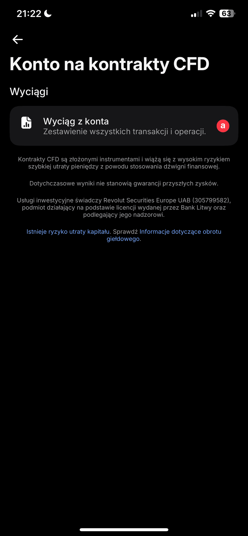 Zrzut ekranu aplikacji Revolut z ekranem Konto na kontrakty CFD i wyborem opcji Wyciąg z konta do rozliczenia podatku giełdowego