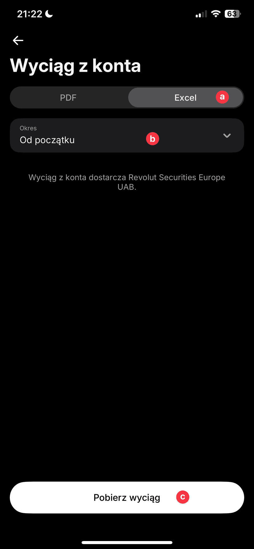 Zrzut ekranu aplikacji Revolut z konfiguracją wyciągu z konta CFD: wybór formatu Excel, okresu Od początku i przycisk Pobierz wyciąg