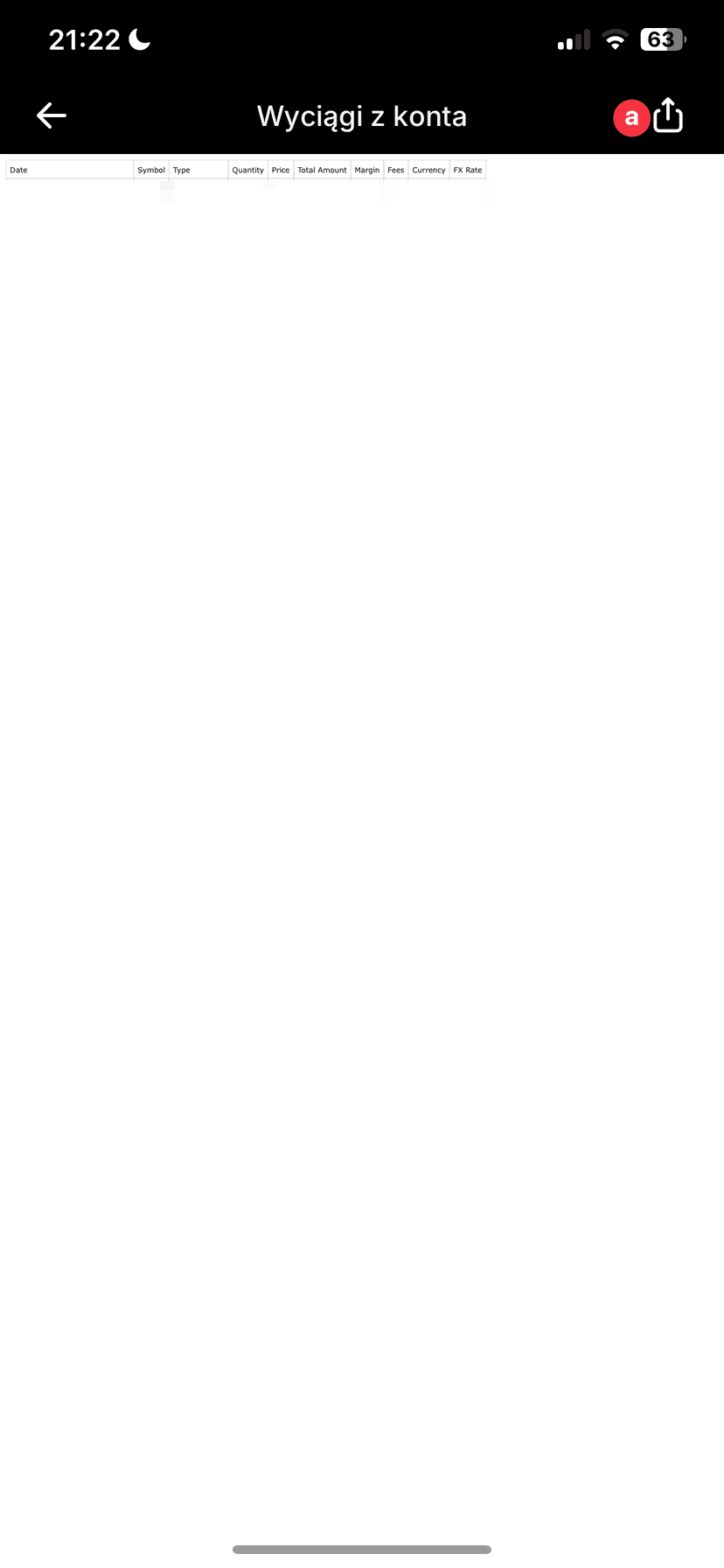 Zrzut ekranu aplikacji Revolut z podglądem wygenerowanego wyciągu z konta CFD i opcją udostępniania pliku CSV