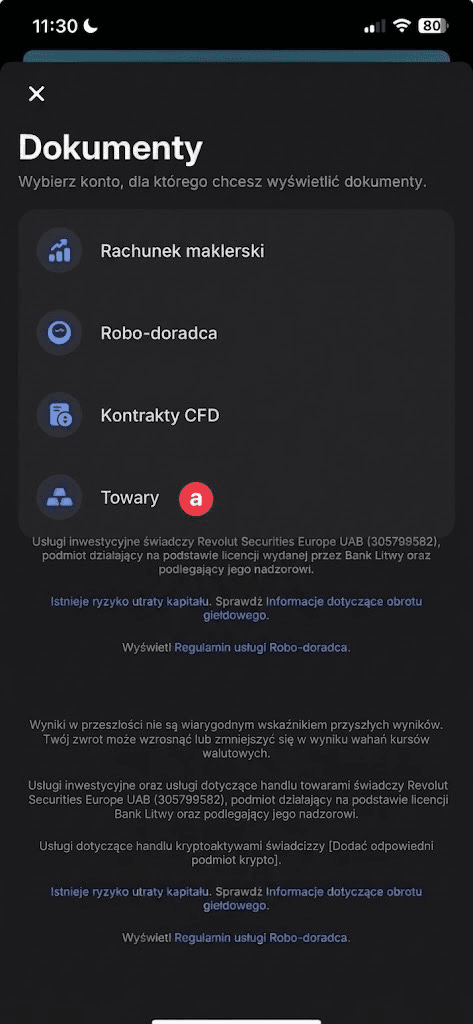 Zrzut ekranu aplikacji Revolut z wyborem sekcji Towary do eksportu raportu zysków i strat z handlu złotem, srebrem i platyną