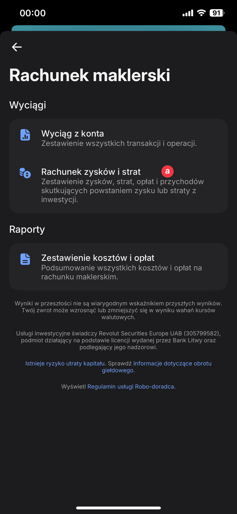 Zrzut ekranu aplikacji Revolut z wyborem opcji Rachunek zysków i strat z sekcji Towary do rozliczenia podatku giełdowego w PodatekGiełdowy.pl