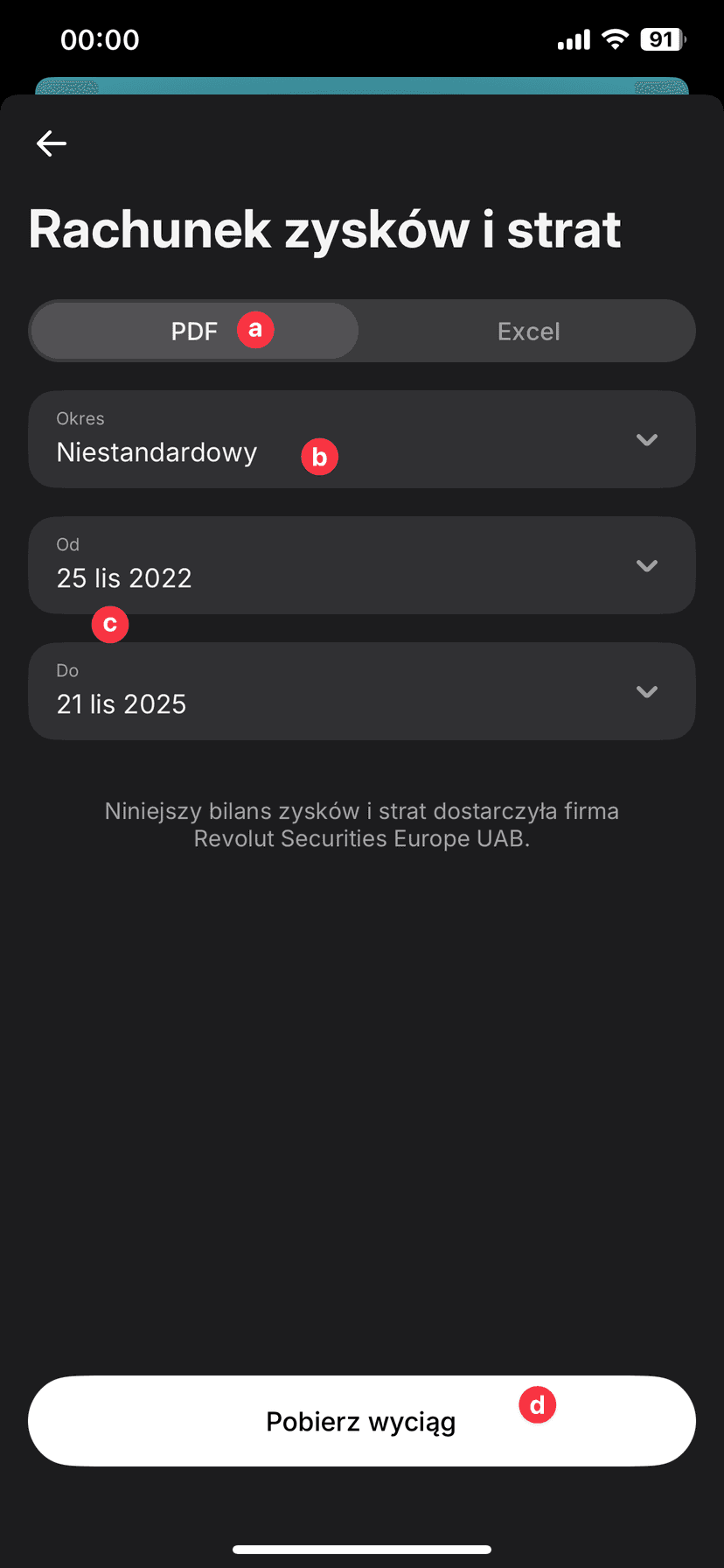 Zrzut ekranu aplikacji Revolut z wyborem formatu PDF, niestandardowego zakresu dat oraz opcją pobrania raportu zysków i strat z towarów do kalkulatora podatku giełdowego