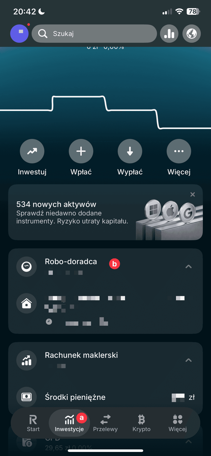 Zrzut ekranu aplikacji Revolut z zakładką Inwestycje i widoczną sekcją Robo-doradca do wyeksportowania raportu podatkowego