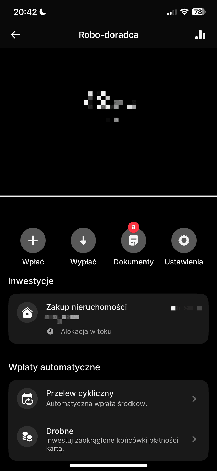 Zrzut ekranu aplikacji Revolut z ekranem Robo-doradca i przyciskiem Dokumenty do pobrania raportu zysków i strat