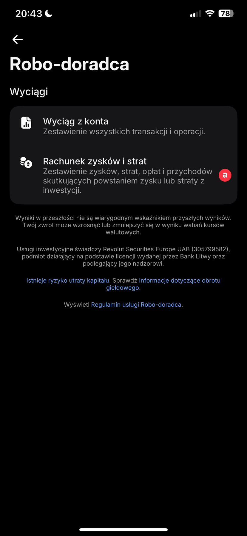 Zrzut ekranu aplikacji Revolut z ekranem Wyciągi Robo-doradcy i wyborem opcji Rachunek zysków i strat do rozliczenia podatku