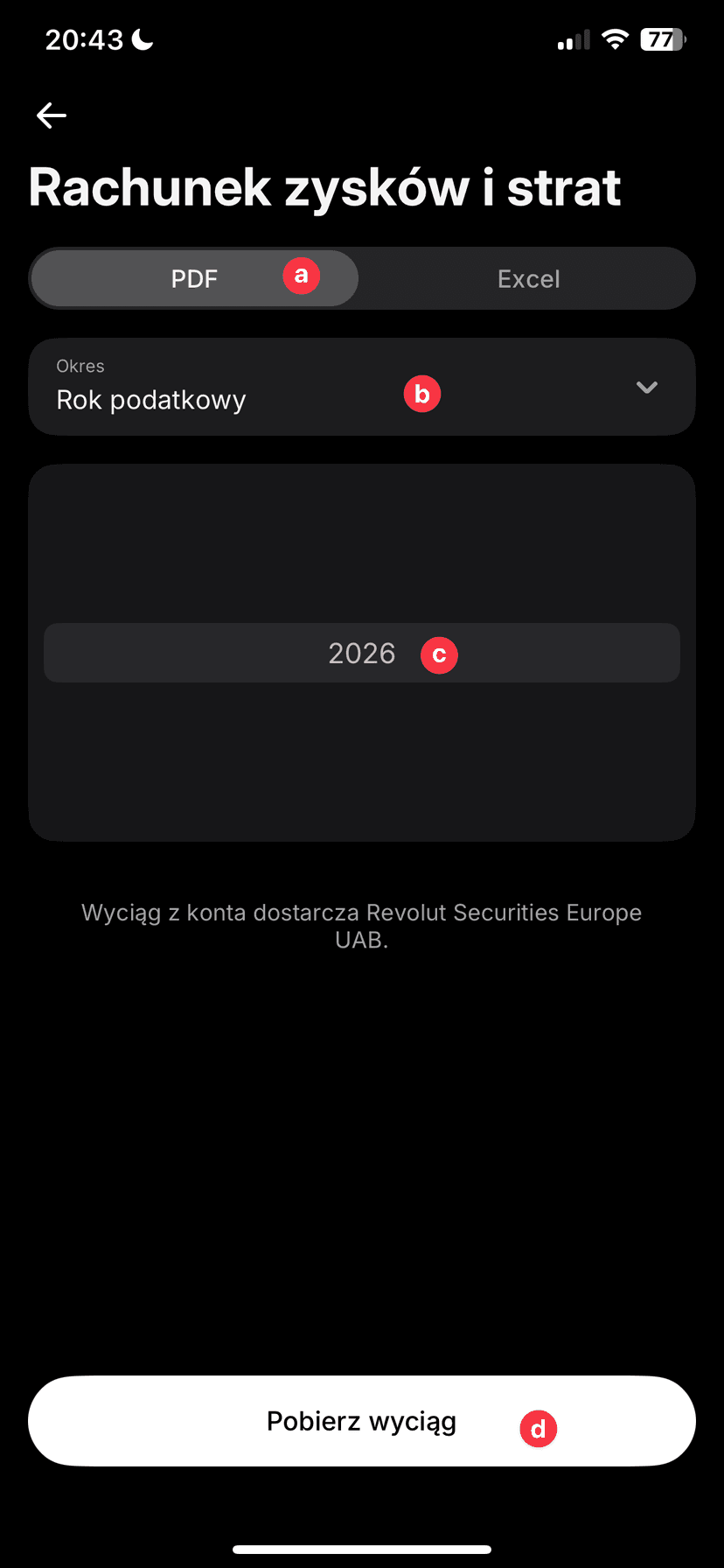 Zrzut ekranu aplikacji Revolut z konfiguracją Rachunku zysków i strat: wybór formatu PDF, okresu Rok podatkowy, roku 2026 i przycisk Pobierz wyciąg