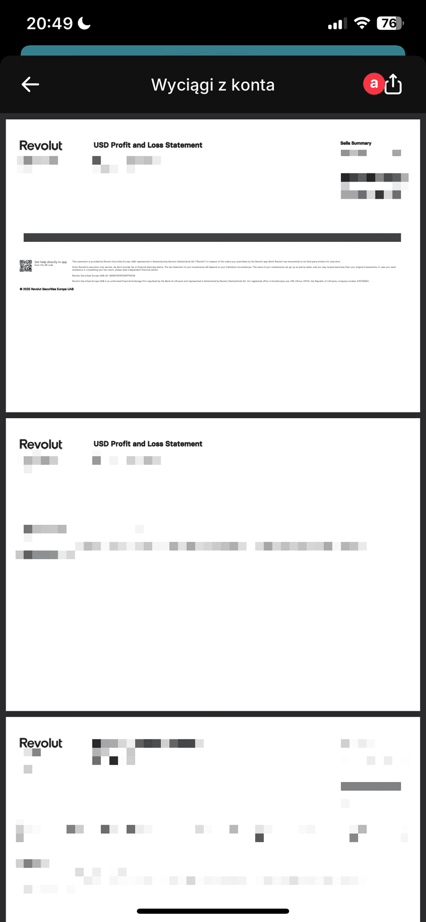 Zrzut ekranu aplikacji Revolut z podglądem wygenerowanego raportu Profit and Loss Statement i opcją udostępniania pliku PDF