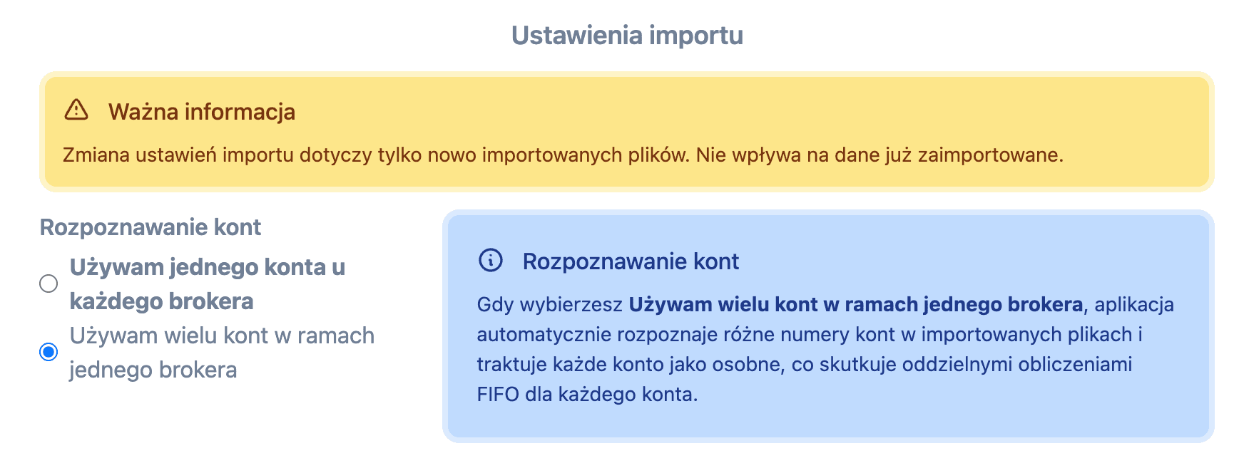 Zrzut ekranu opcji zaawansowanych z włączoną opcją Używam wielu kont w ramach jednego brokera w aplikacji PodatekGiełdowy.pl