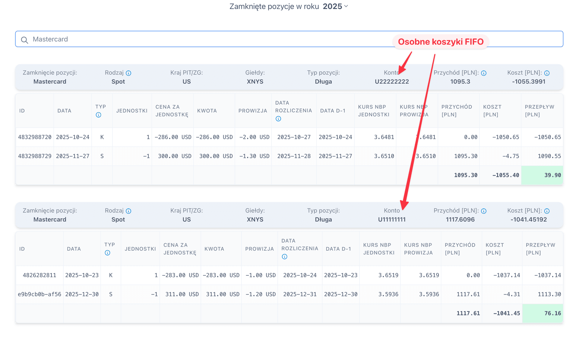 Zrzut ekranu osobnych koszyków FIFO dla różnych kont maklerskich w aplikacji PodatekGiełdowy.pl
