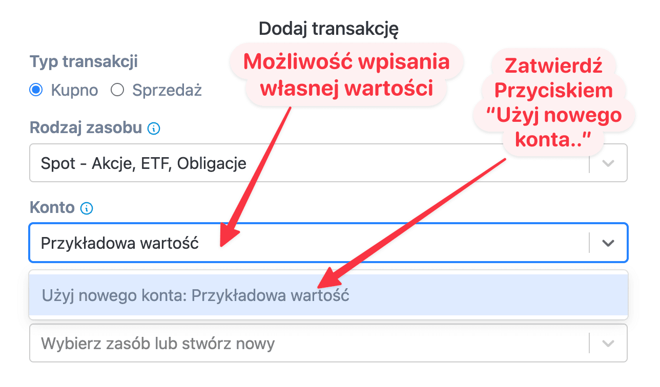 Zrzut ekranu edycji kolumny Konto w aplikacji PodatekGiełdowy.pl — ręczne ustawianie identyfikatora konta maklerskiego