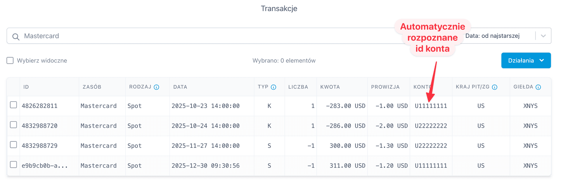 Zrzut ekranu listy transakcji z automatycznie rozpoznanym numerem konta maklerskiego w aplikacji PodatekGiełdowy.pl