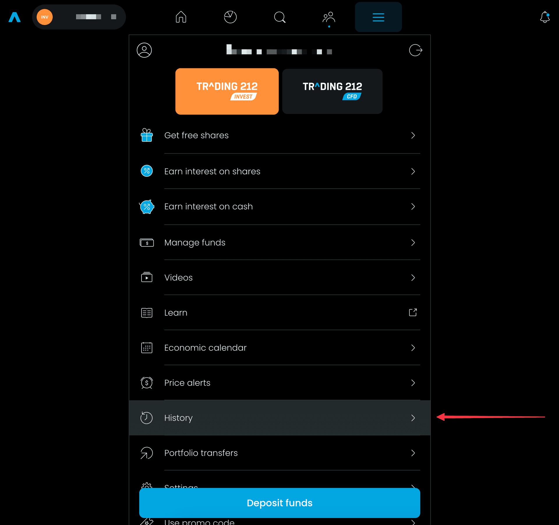 Zrzut ekranu Trading212: eksport historii transakcji do CSV dla kalkulatora giełdowego PodatekGiełdowy.pl