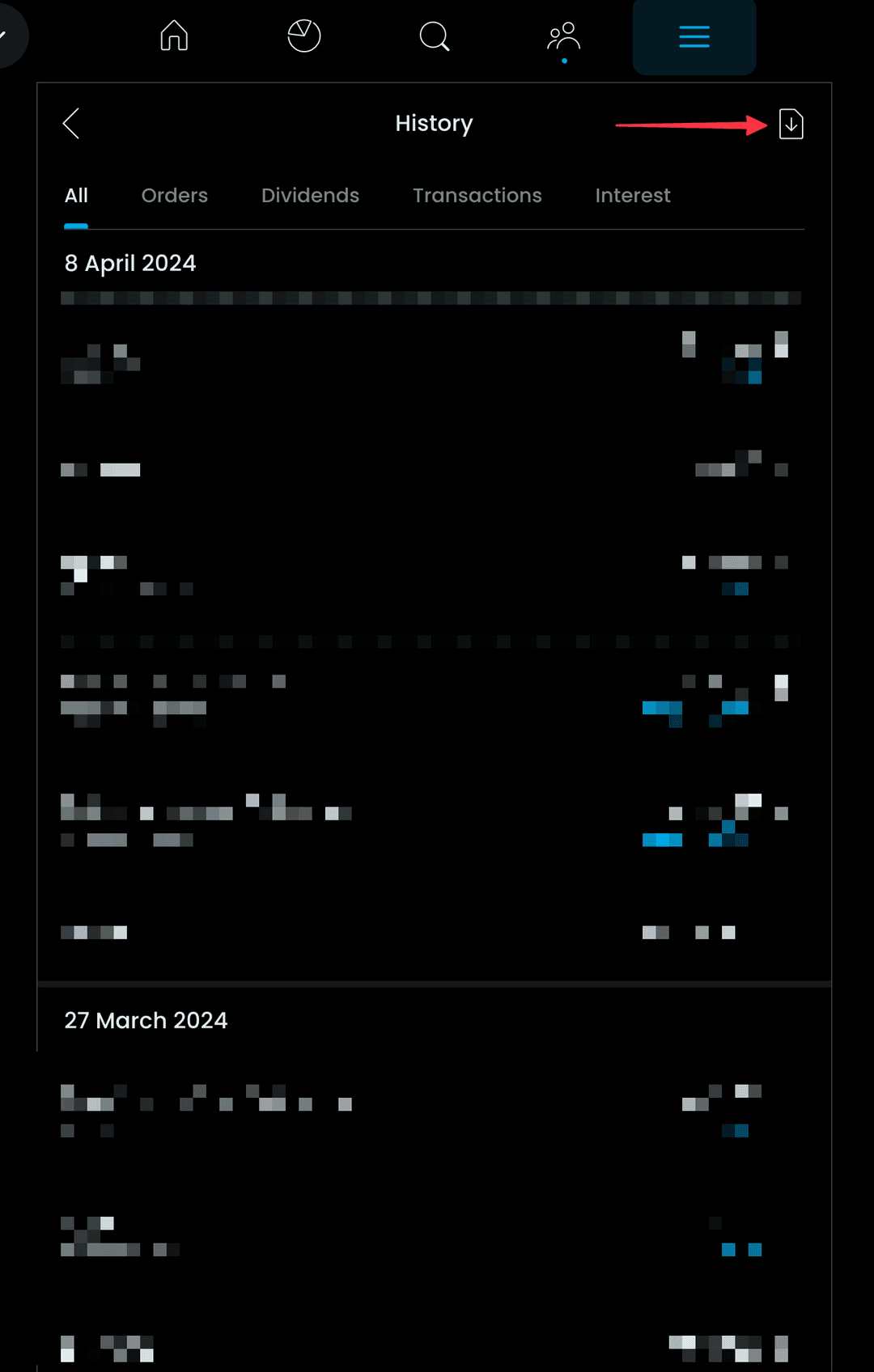 Zrzut ekranu Trading212: ikona pobierania raportu CSV do kalkulatora giełdowego PodatekGiełdowy.pl