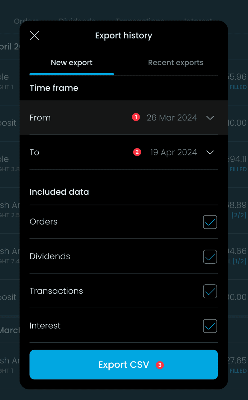 Zrzut ekranu Trading212: wybór zakresu dat i eksport do CSV dla kalkulatora podatku giełdowego PodatekGiełdowy.pl