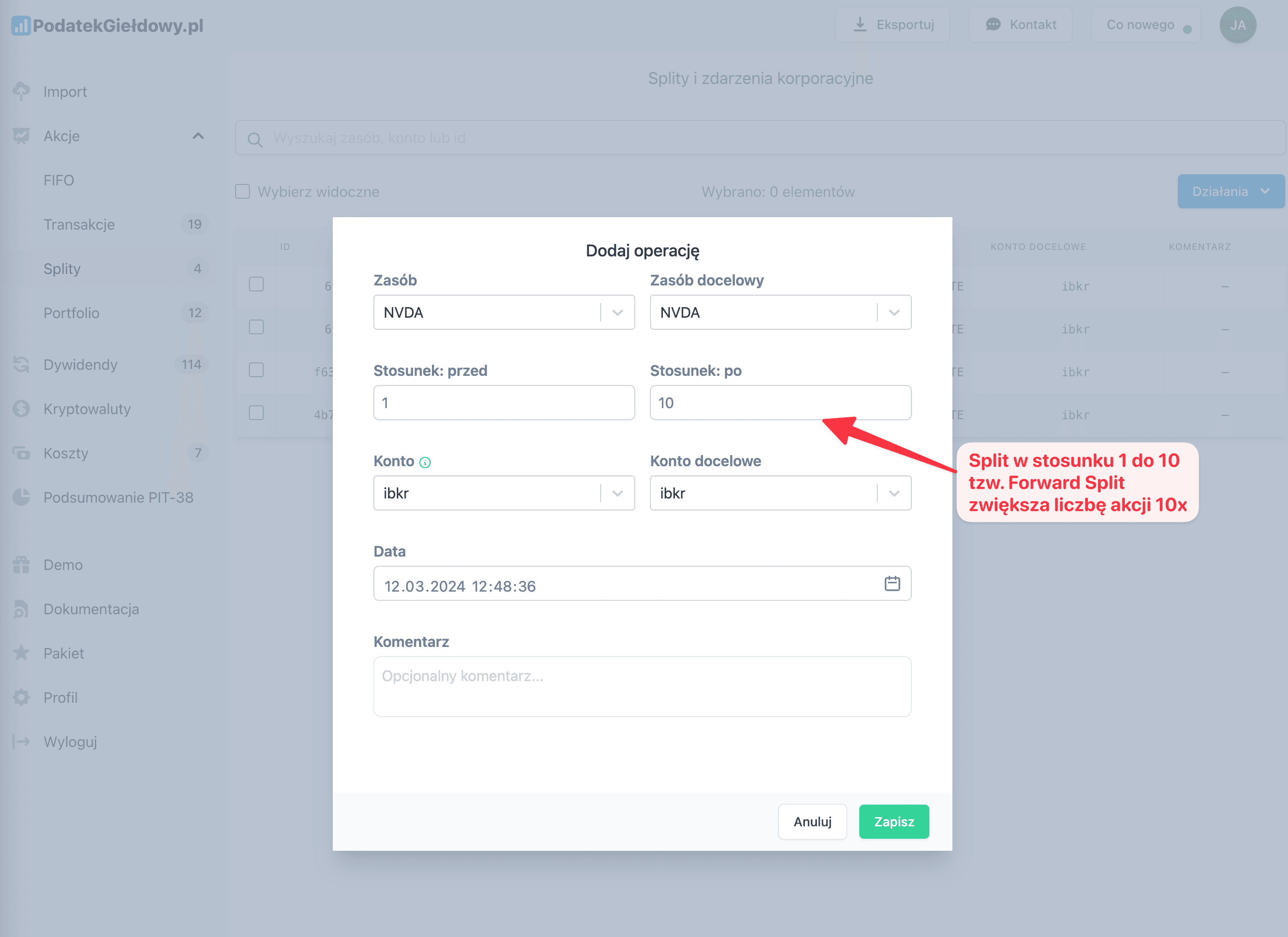 Zrzut ekranu formularza dodawania forward splitu NVDA w stosunku 1:10 w aplikacji PodatekGiełdowy.pl