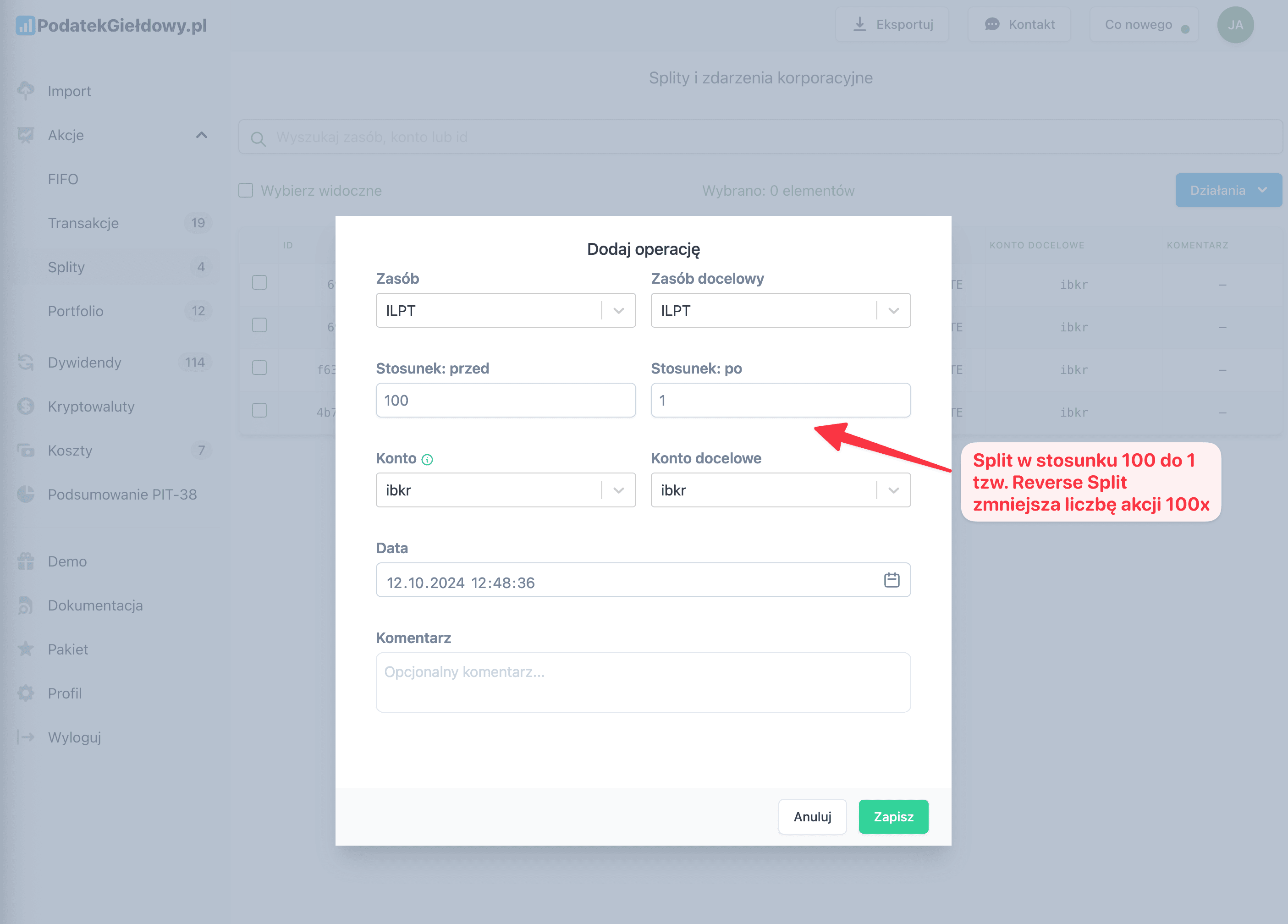 Zrzut ekranu formularza dodawania reverse splitu ILPT w stosunku 100:1 w aplikacji PodatekGiełdowy.pl