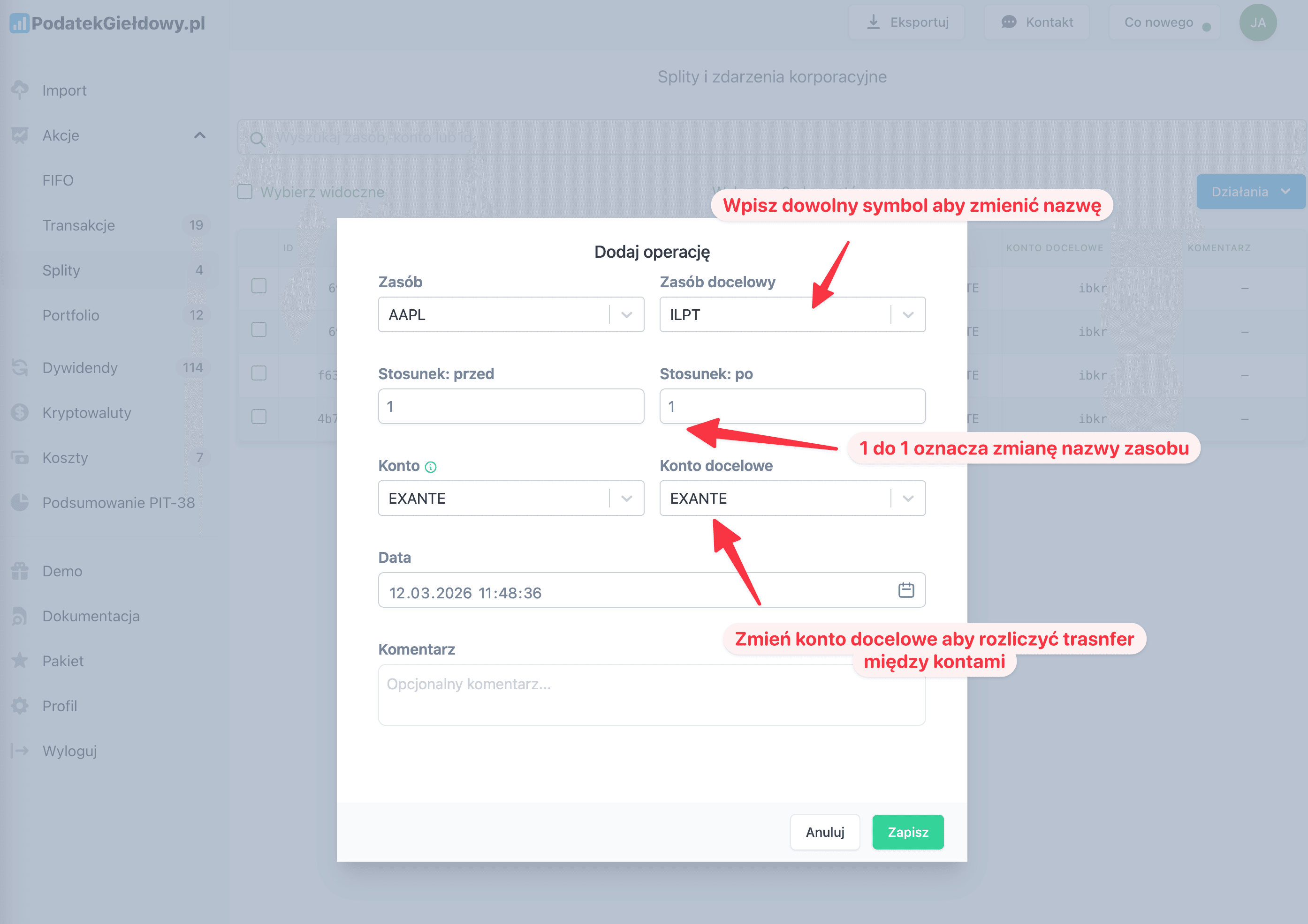 Zrzut ekranu formularza zmiany nazwy symbolu z AAPL na ILPT w stosunku 1:1 z możliwością zmiany konta docelowego w aplikacji PodatekGiełdowy.pl
